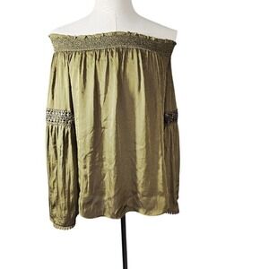 WHITE‎ HOUSE BLACK MARKET Olive Green Off Shoulder Smocked Blouse Top L